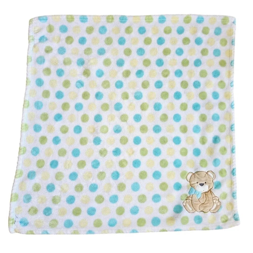 Baby Essentials‎ Blue Green Polka Dot Bear Baby Blanket Soft Plush 29” X 30